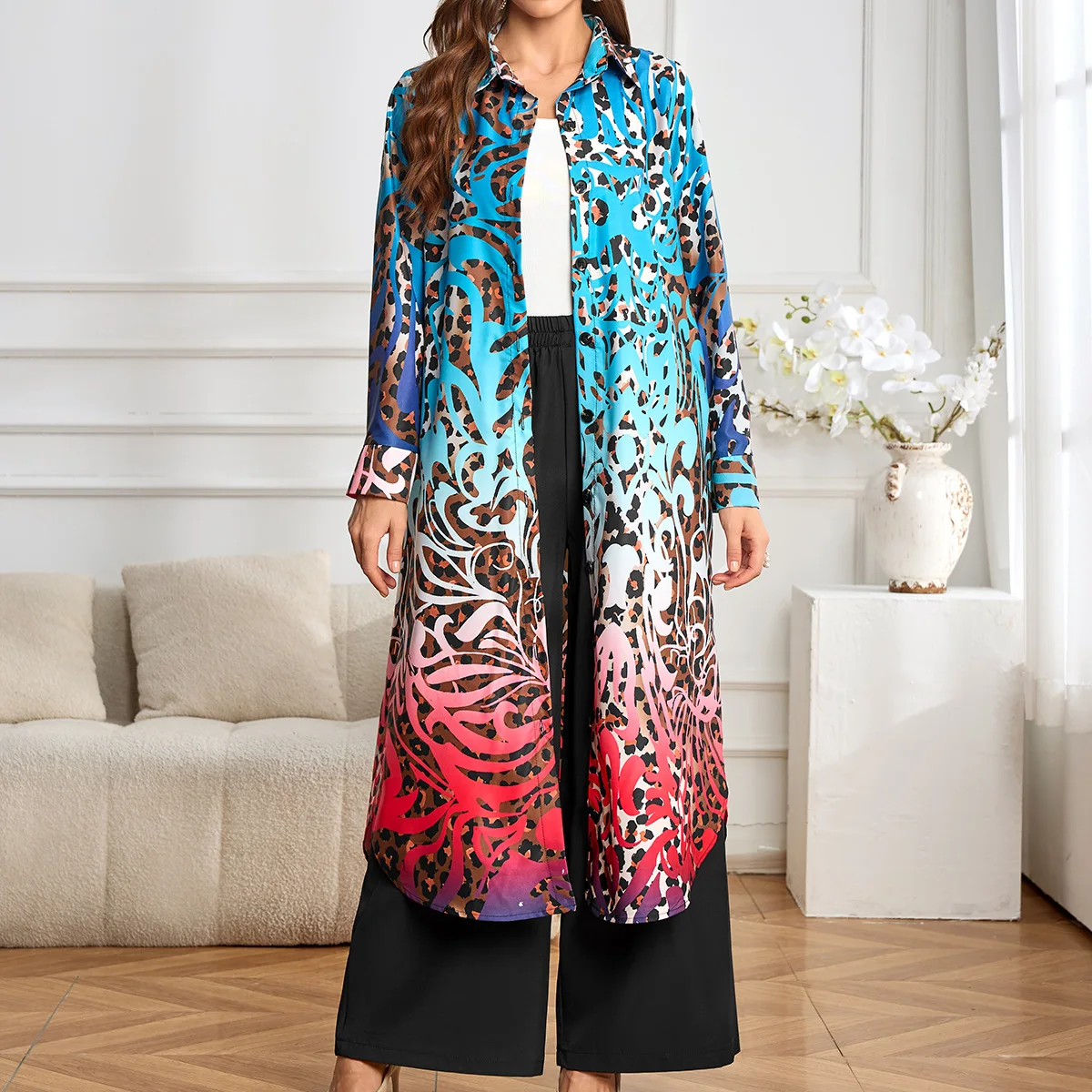 

Muslim Women 2 Piece Set Straight Pants Cardigan Robe Suit Eid Dubai Leopard Print Long Coat Trousers Ensemble Arabic Outfits