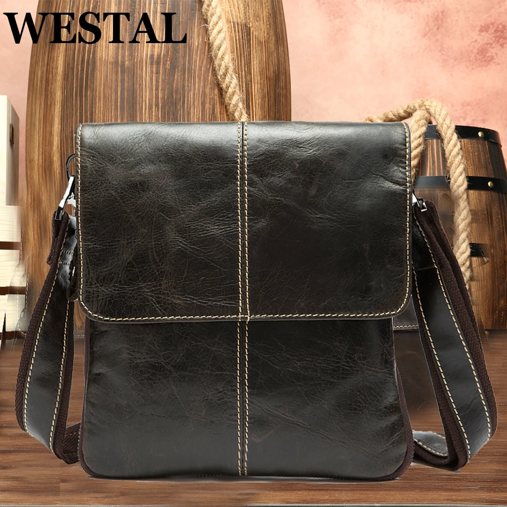 WESTAL Designer Men\'s Shoulder Bag Husband Gift Messenger Bag Men Genuine Leather Cover Crossbody Bags for Men Leather Flap 8006