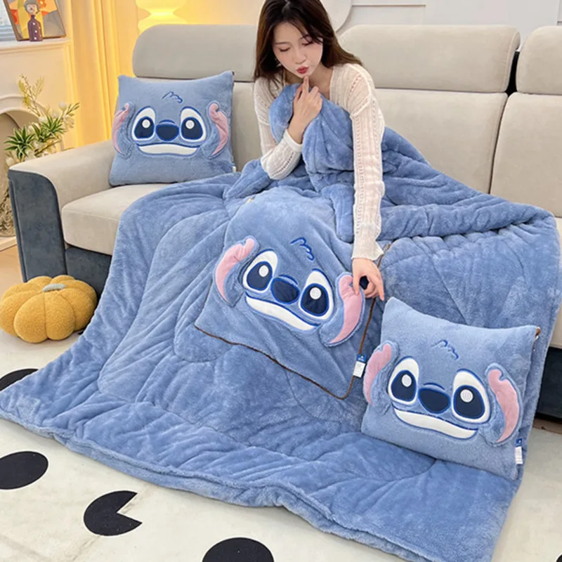 Disney Stitch & Hello Kitty New 2-in-1 Double-sided Pillows Embroid Dual-use Car Nap Thicken Blanket Cute Anime Plush Cushion