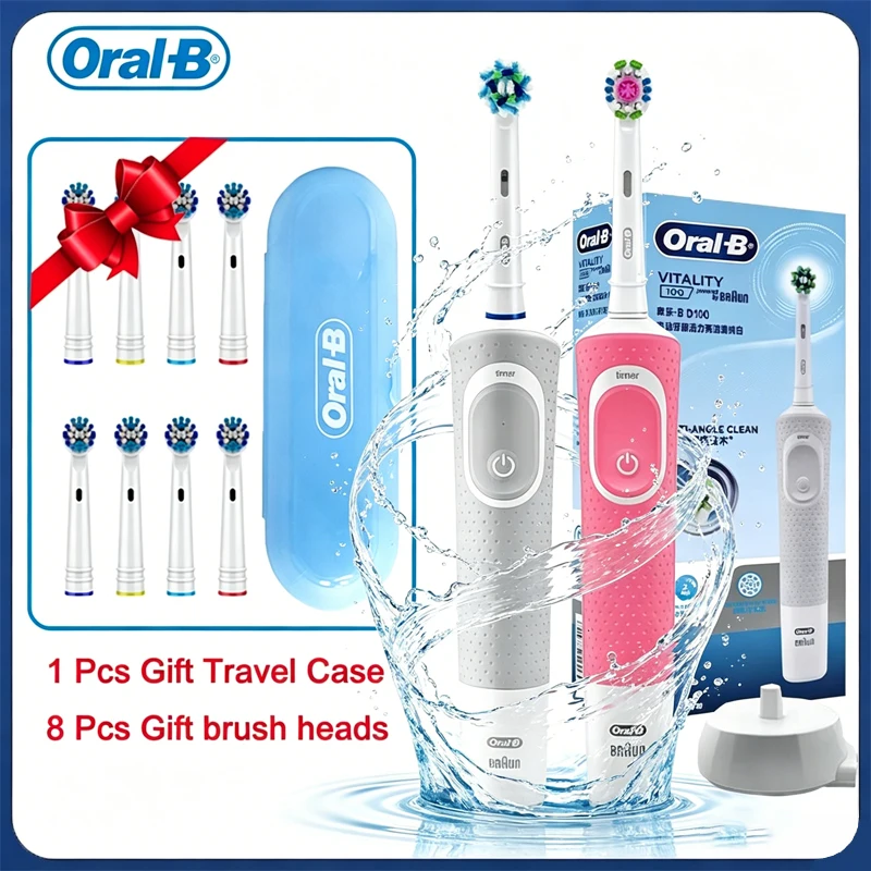 Oral B Electric Toothbrush D100 Rotating and Vibrating Rechargeable Toothbrush for Adults Oral Care 8 Gift Brush Heads Free