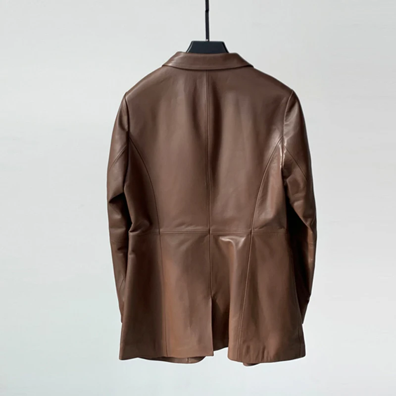 Retro น้ํามันขี้ผึ้งหนังผู้หญิงหนังแกะจริงเสื้อแจ็คเก็ต Blazer 2025 ใหม่แฟชั่นปุ่มสุภาพสตรีคุณภาพสูง Lambskin เสื้อสูท