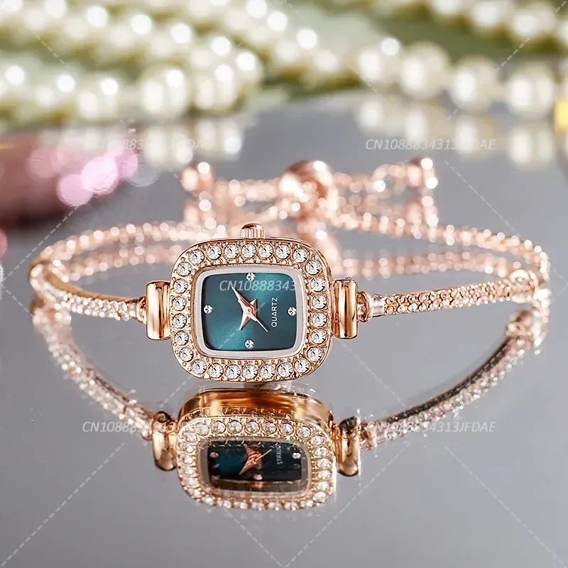 Elegant Adjustable Steel Quartz Women Wristwatch Luxury Fashion Diamond Crystal Watch Small Square Dial Women's Watches