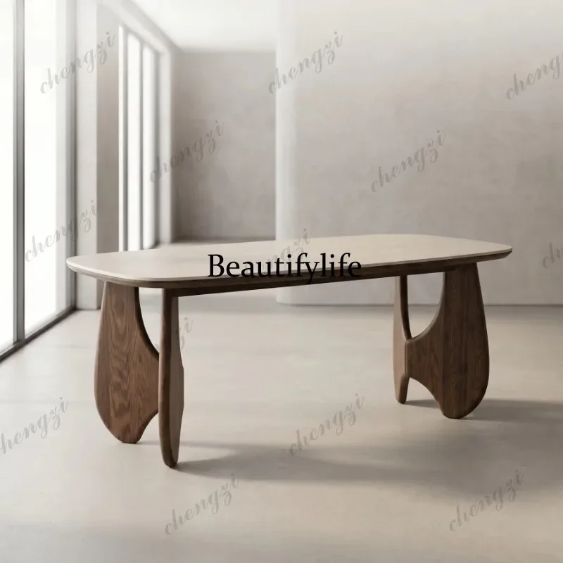 HR Modern simplicity, solid wood dining table, wabi-sabi art sculpture legs, matte rock slab, premium dining table