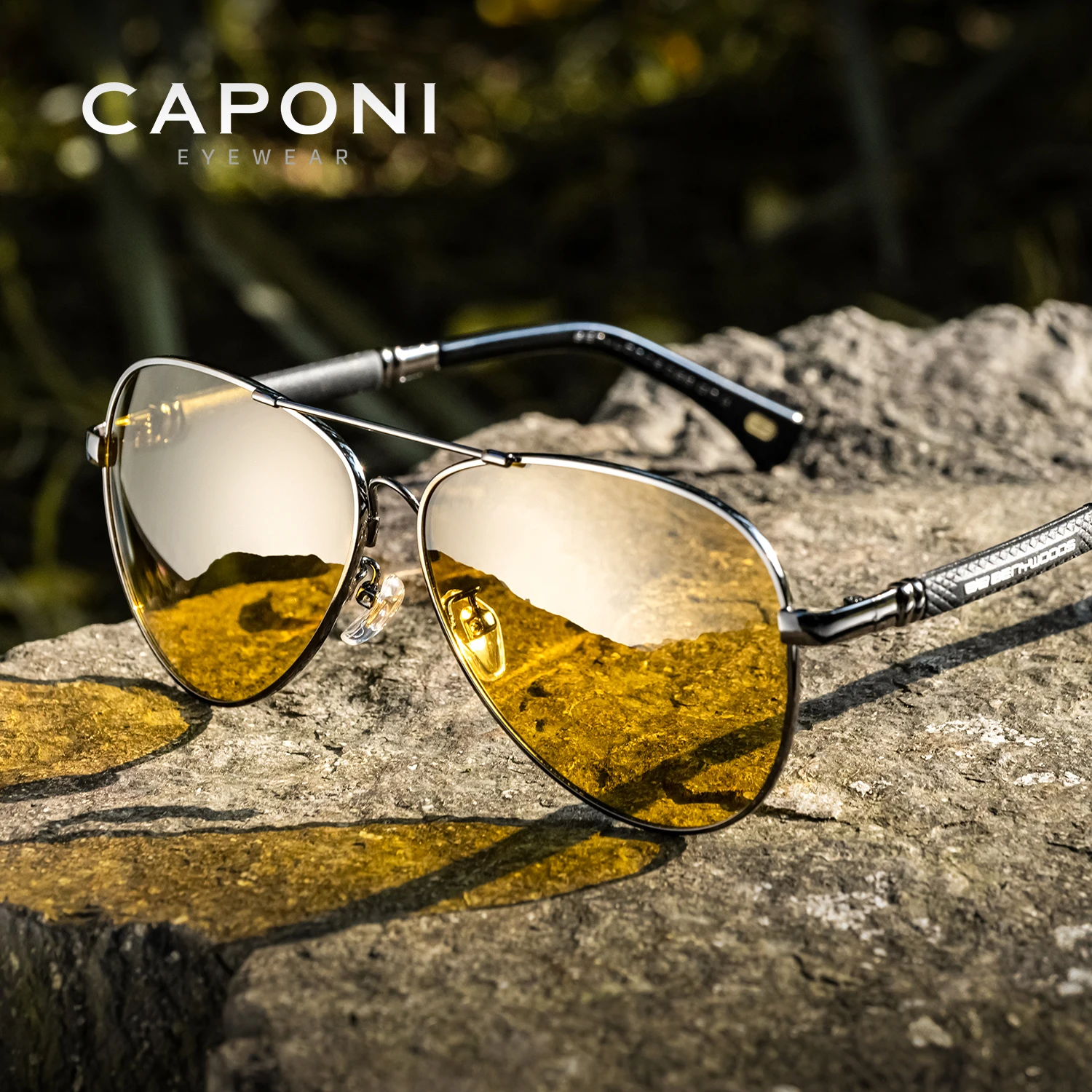 

CAPONI Night Vision Pilot Style Men Sunglasses Driving Magnesium Aluminum Yellow Sun Glasses Photochromic Brown Shades BSYS9812