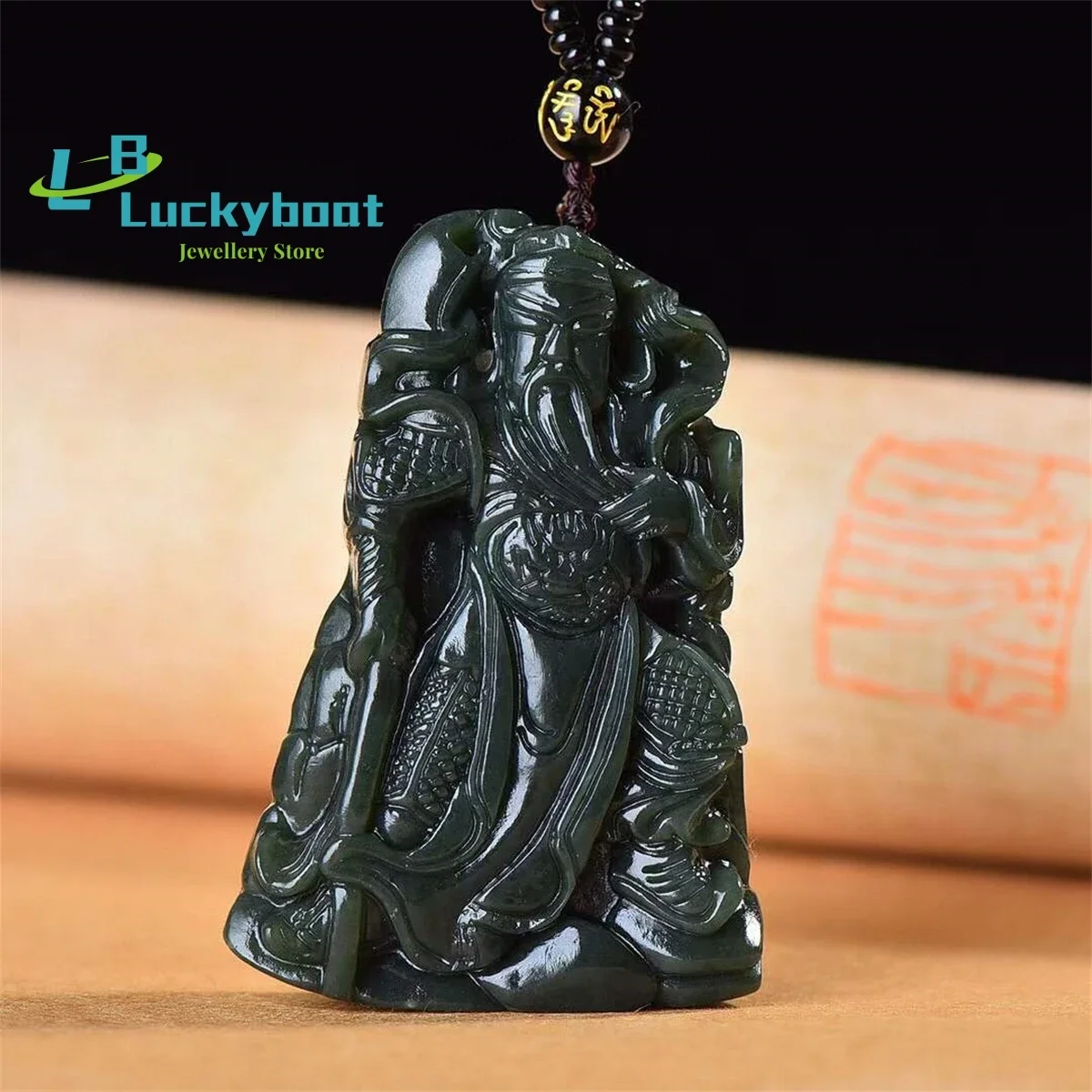 

Natural Hetian Qingyu Guan Gong Wu Cai Shen Pendant Simple and Personalized Fashion Versatile for Men and Women