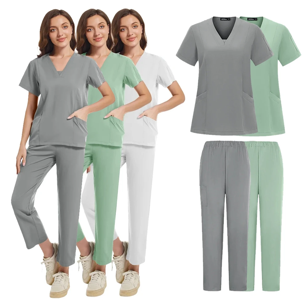 

kecolife Beauty Salon Workwear Surgical Uniforms Women Medical Nurse Clinical Scrubs Tops+Pant Set Spa Doctor Nursing Tunic Suit