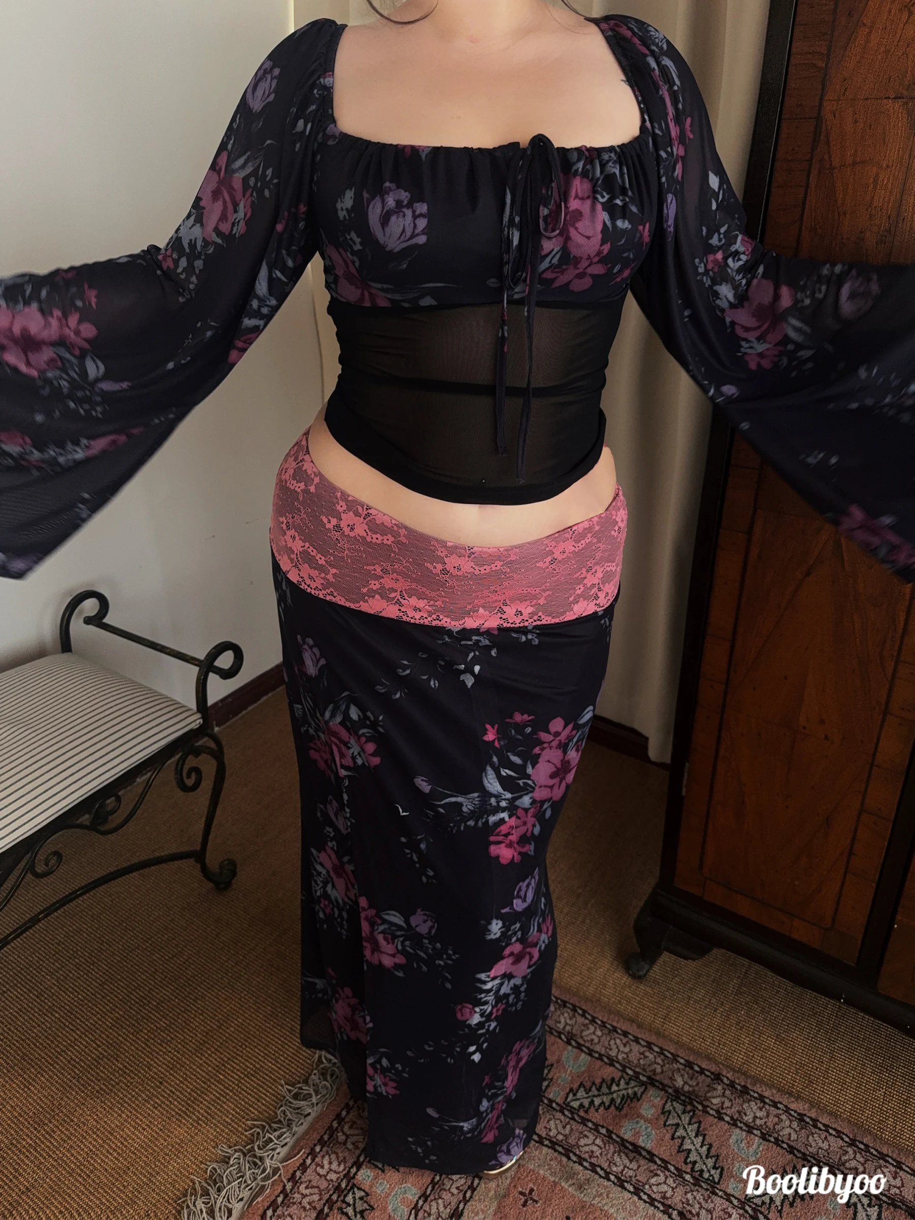 

Boolibyoo Vintage Asian Large Size Holiday Style Printed Mesh Top Half Skirt Set Women's Fashion Summer Outfit High Waist