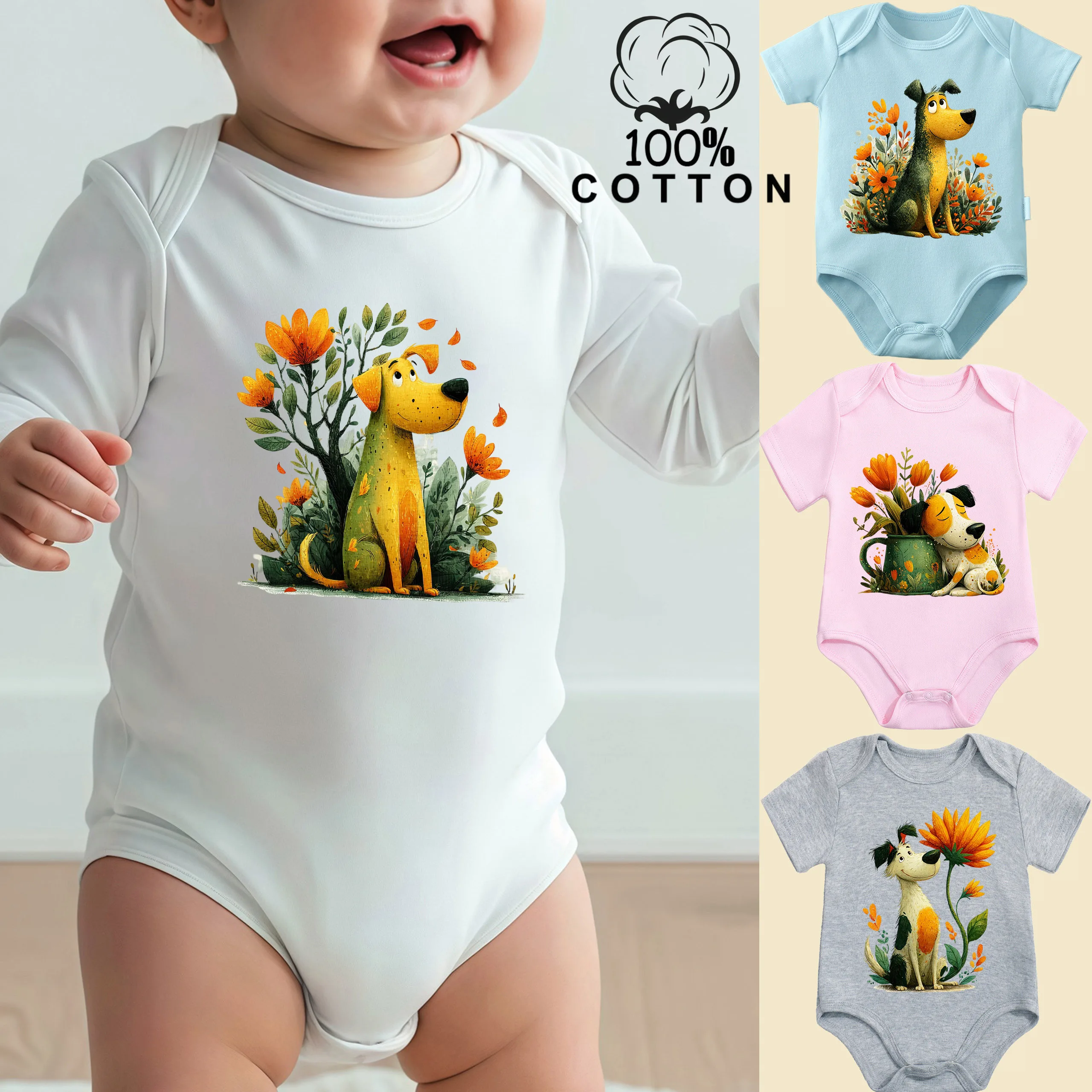 

Боди из 100% хлопка с принтом «Весенние цветы и щенки», удобный комбинезон для новорожденных от 0 до 12 месяцев