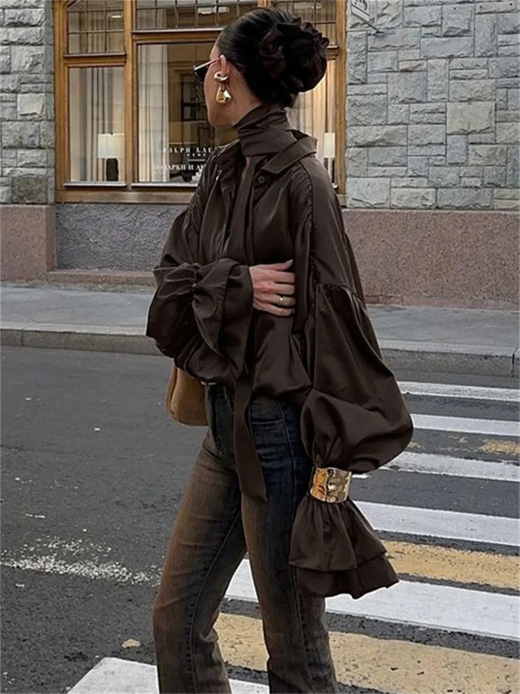 Fashion Satin Loose Shirts Top For Women Long Sleeve Lapel Patchwork Commute Summer 2025 New Vintage Inner Shirts Female