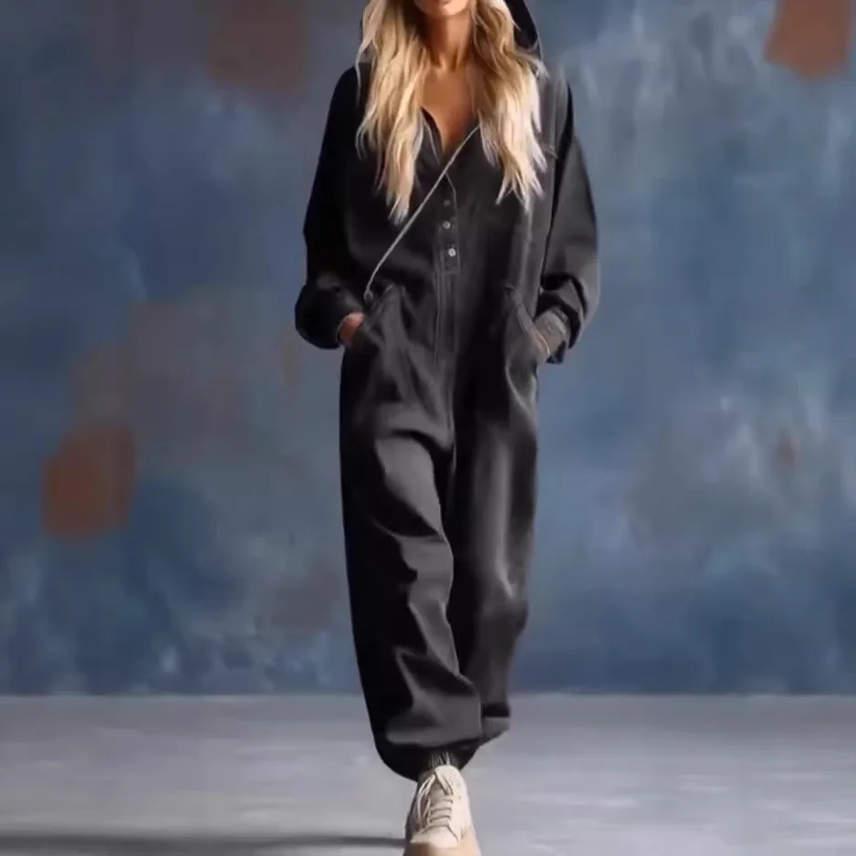 Jumpsuits Women One Piece Full Sleeve Hooded Long Pant Elastic Hem Denim Rompers Button Y2k Streetwear Jumpsuit Work Casual 2026 view 3