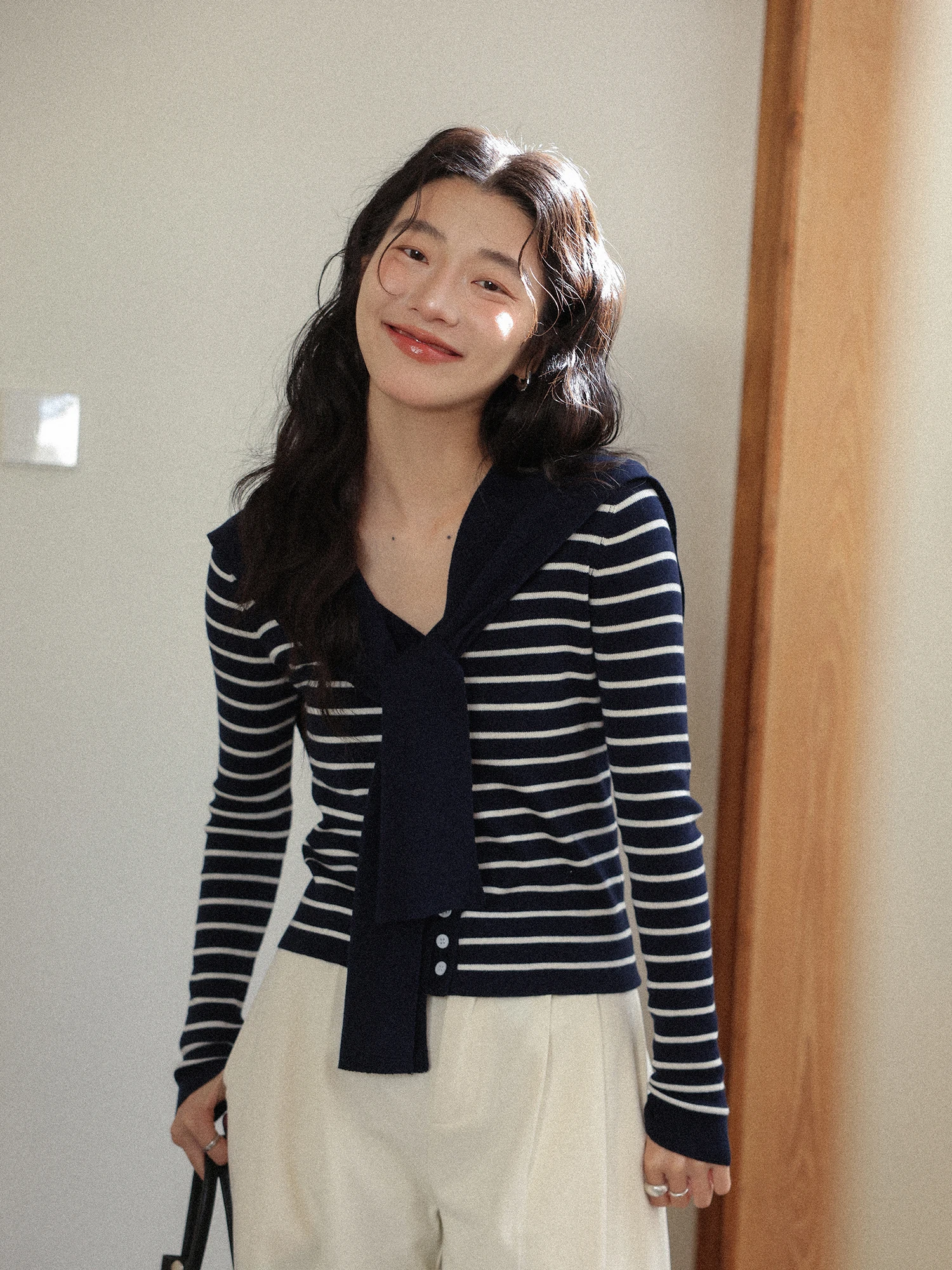 

Ele Naval Collar Long Sve Knitted Sweater Women's Slim Fit Spring 2026 New Korean Sle Beautiful Striped Top