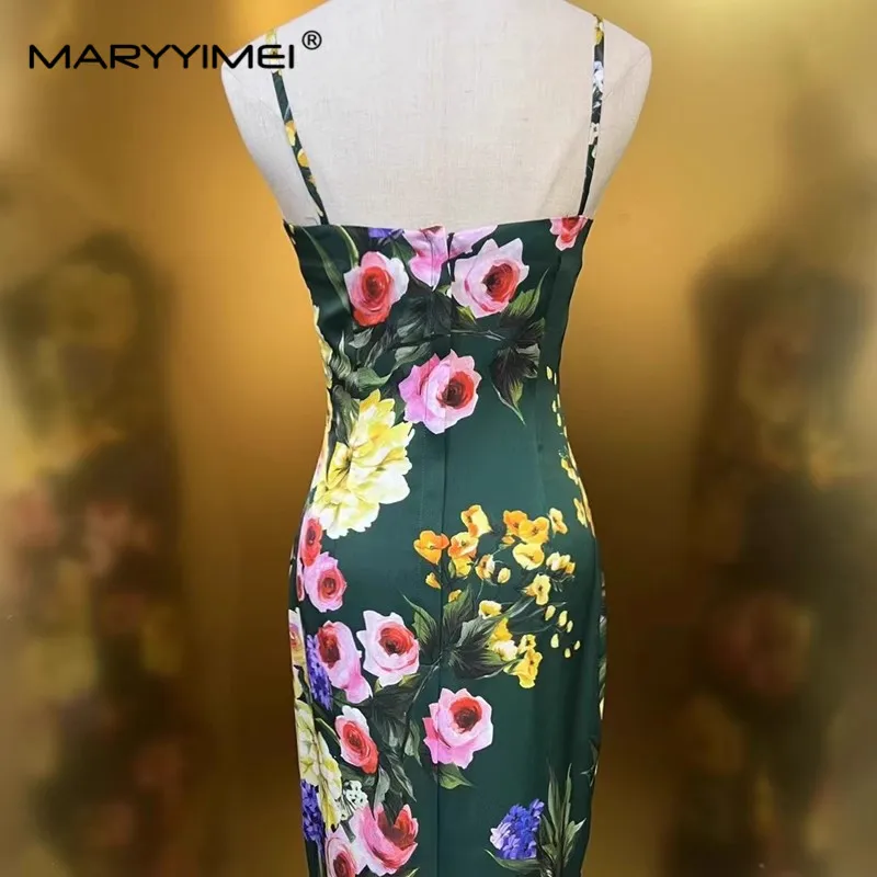 Maryimei New Fashion Designer women\'s 2024 Summer New Silk Spaghetti Strap Dress Sexy Floral Printed Split Hip Wrap Dress