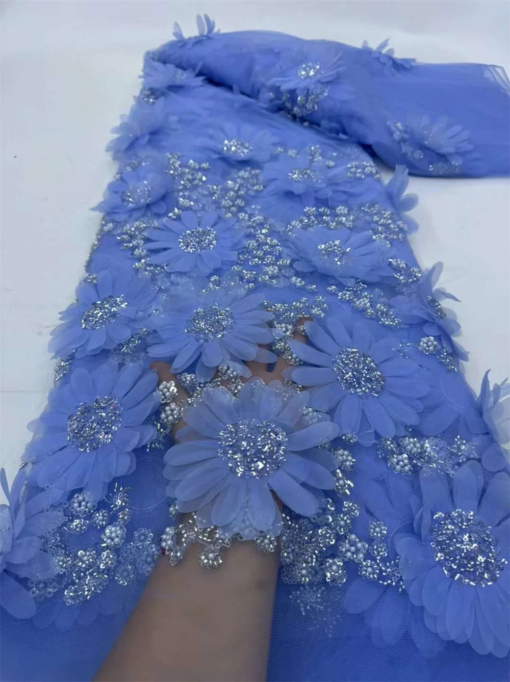 

Blue 3d African Handmade Beaded Lace Fabric 2024 High Quality 5Yards Sequins French Tulle Beaded Lace For Wedding Party A279-1