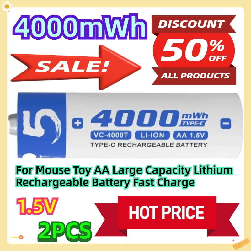 

1.5V 4000mWh 2pcs For Mouse Toy AA Large Capacity Lithium Rechargeable Battery Fast Charge