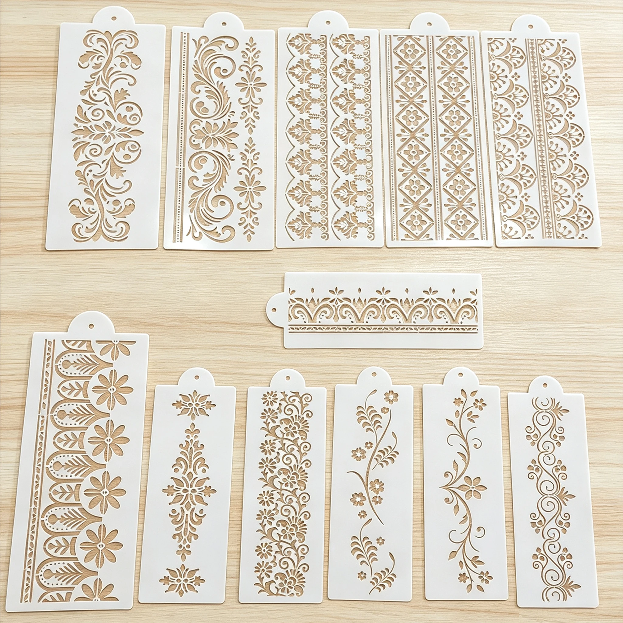 12Pcs Floral Lace Cake Border Stencils, Reusable PET Template for Cake Cookie Cream Painting & Baking Decoration
