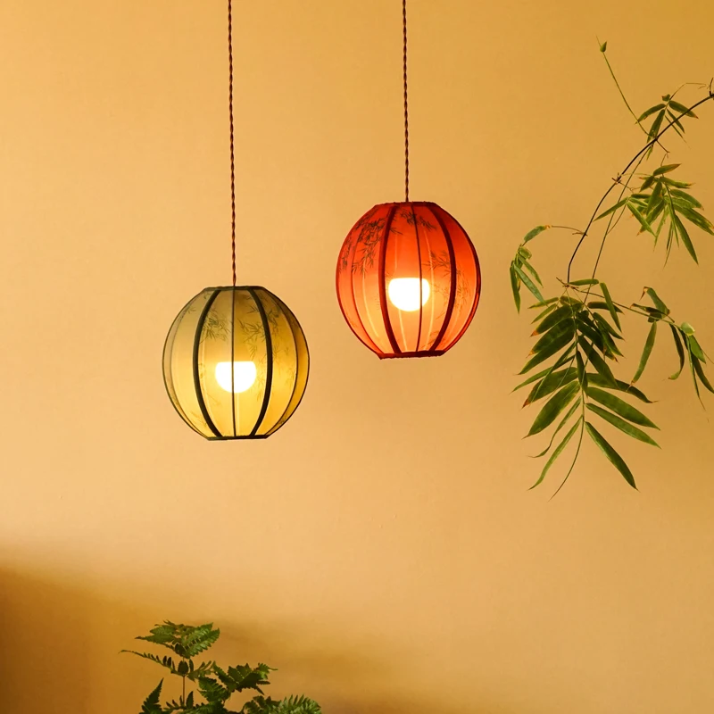 

Bamboo Shadow New Chinese Retro Lantern Fabric Restaurant Study Bedroom Tea Room Lighting Spherical Pendant
