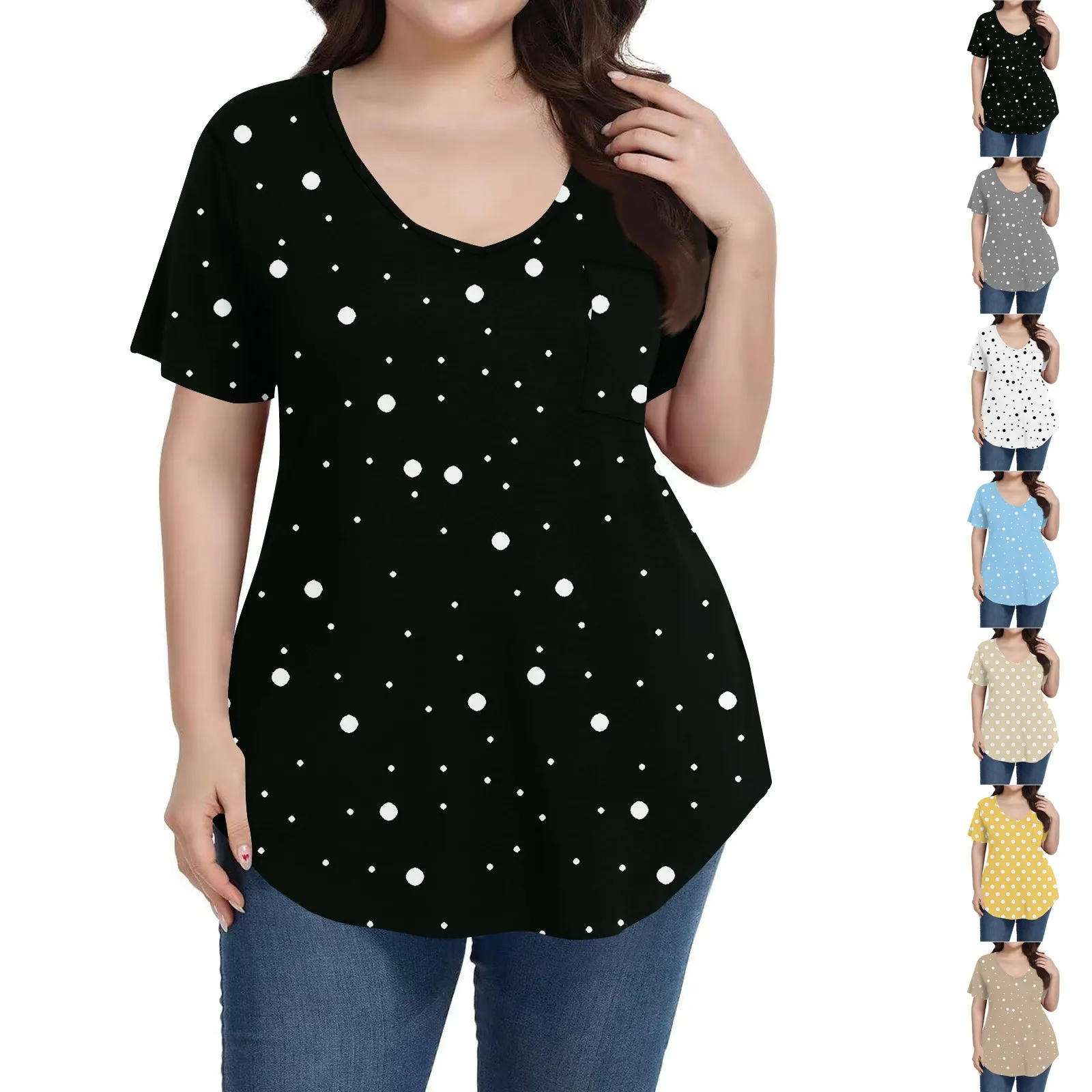 Plus size v-neck short-sleeved T-shirt women's fashionable retro polka dot print top summer loose plus sized t shirts top