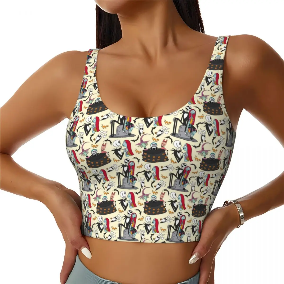 

Custom High Impact Jack Skellington Sports Bra Women Nightmare Before Christmas Gym Workout Yoga Crop Top