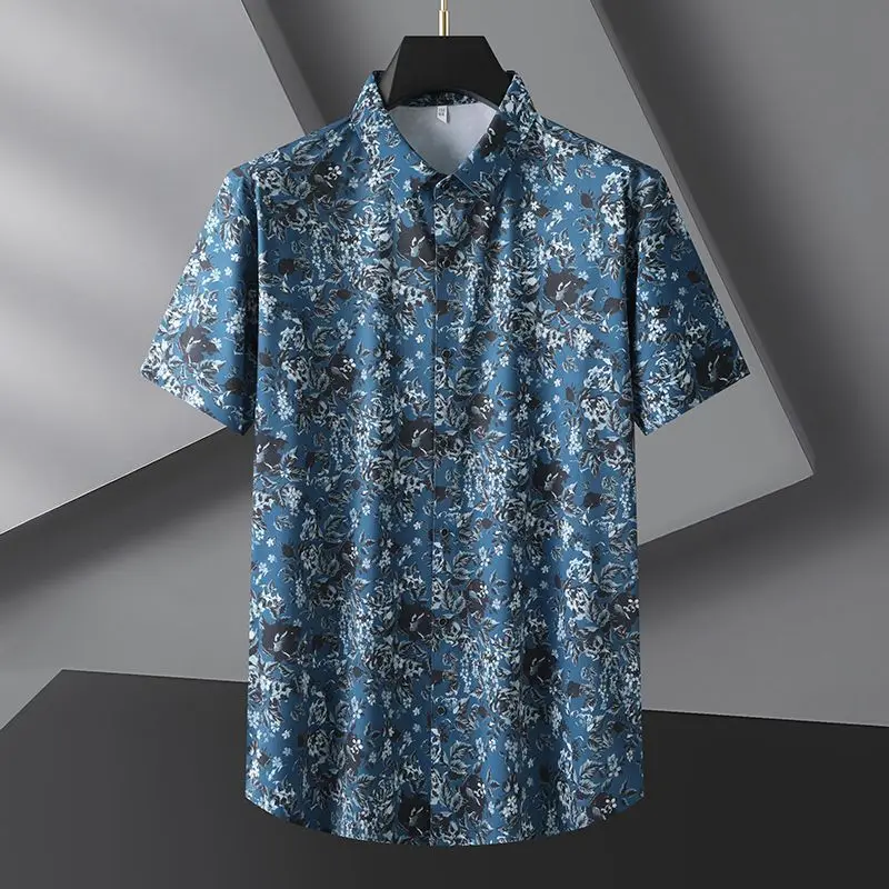 Business Casual Square Collar Ice Silk Fabric Printing Summer Men\'s Single Row Multi Button Fashion Loose Short Sleeve Shirt Top