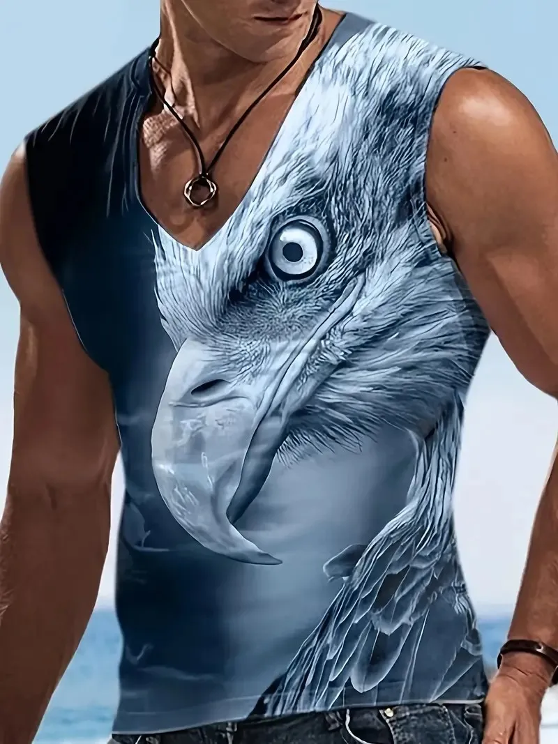 Men\'s V-neck Vest Sleeveless T-shirt Eagle Pattern Casual Vest Men\'s Fashion Street Tops Summer Men\'s Bottom Shirt Large Size