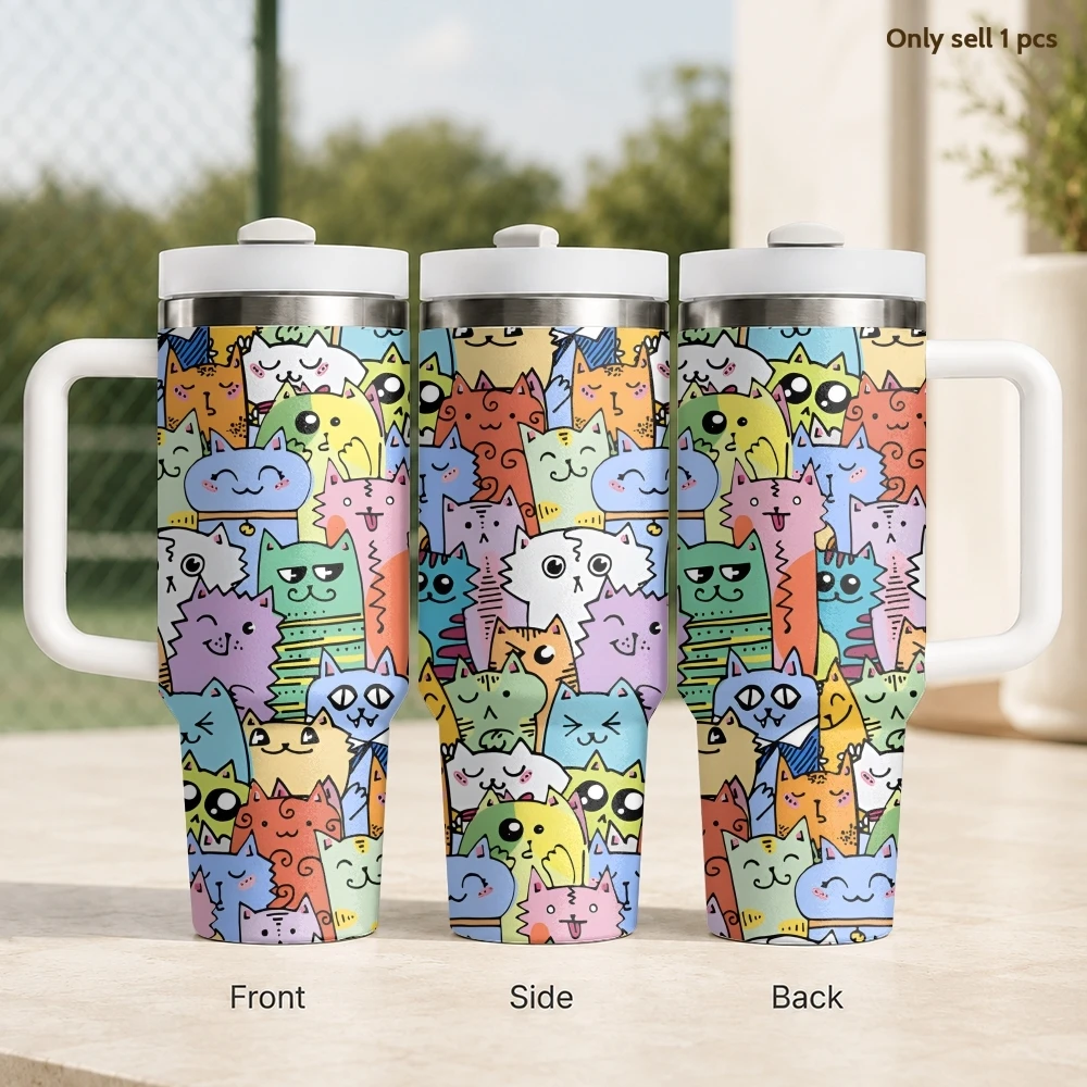 

Funny Cat Meme Style Vacuum Flasks 40oz Stainless Steel Insulated Tumbler with Handle Straw Leakproof Cup Daily Travel Mug