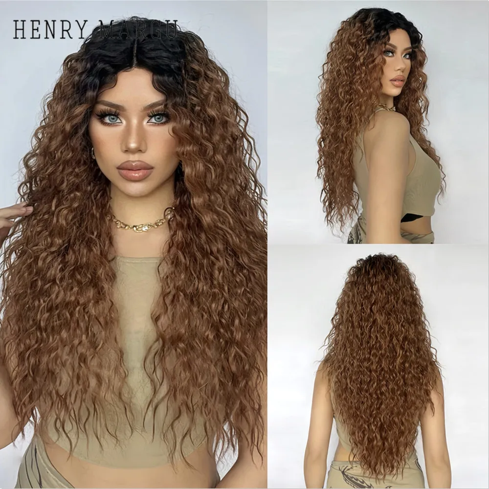 

HENRY MARGU Ombre Brown Curly Synthetic Lace Wigs for Women Long Layered Lace Front Wig Natural Daily Use Heat Resistant Fiber