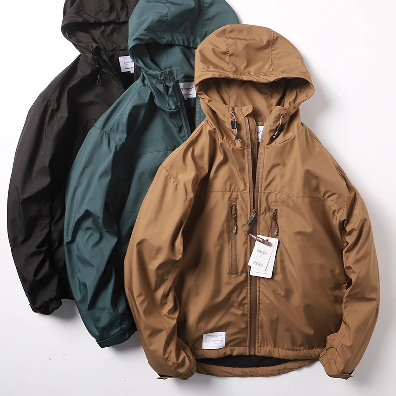 

Outdoor Windproof Waterproof Fce Lined Hooded Jaet Men's Loose Casual Raincoat Stand Fit Long Sve Zipper Closure