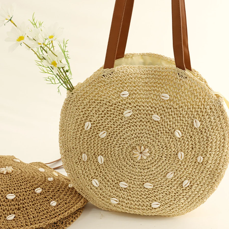 

Summer Shell Decoration Round Straw Bags for Women Rattan Shoulder Bag Travel Handmade Woven Beach Handbags Female Totes Bag Sac