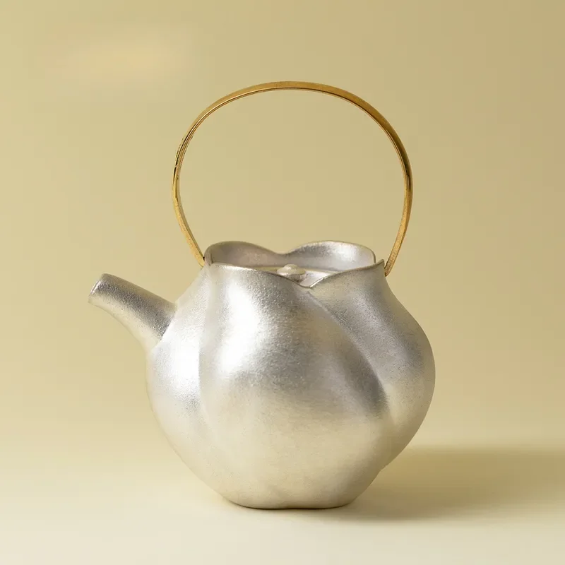 Handmade Silver Beam Teapot with Copper Handle Coarse Pottery Kung Fu Tea Set Single Pot with Ball Filter for Brewing Loose