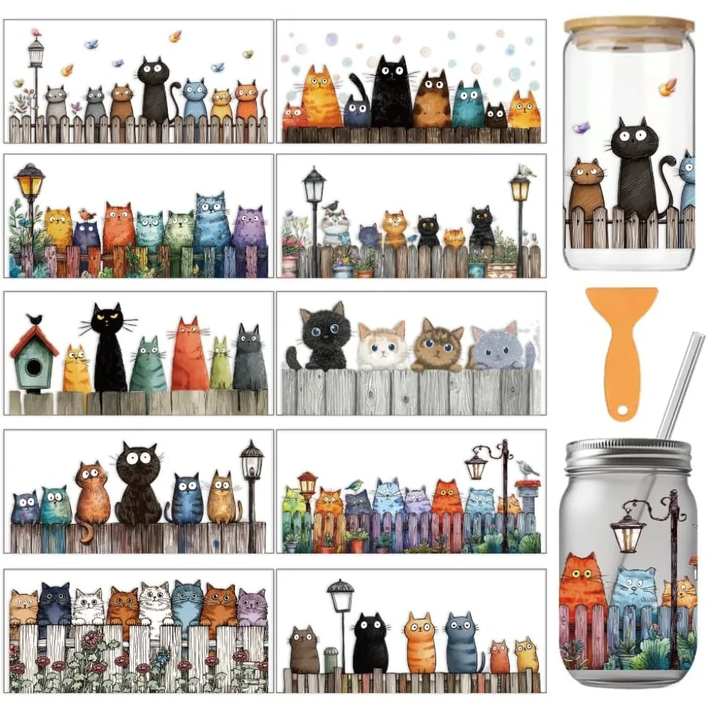 10 Sheets Colorful Cats UV DTF Cup Wrap for 16OZ Glass Fence Humorous Cat and Garden Scene Rub on Decals PVC Transfer