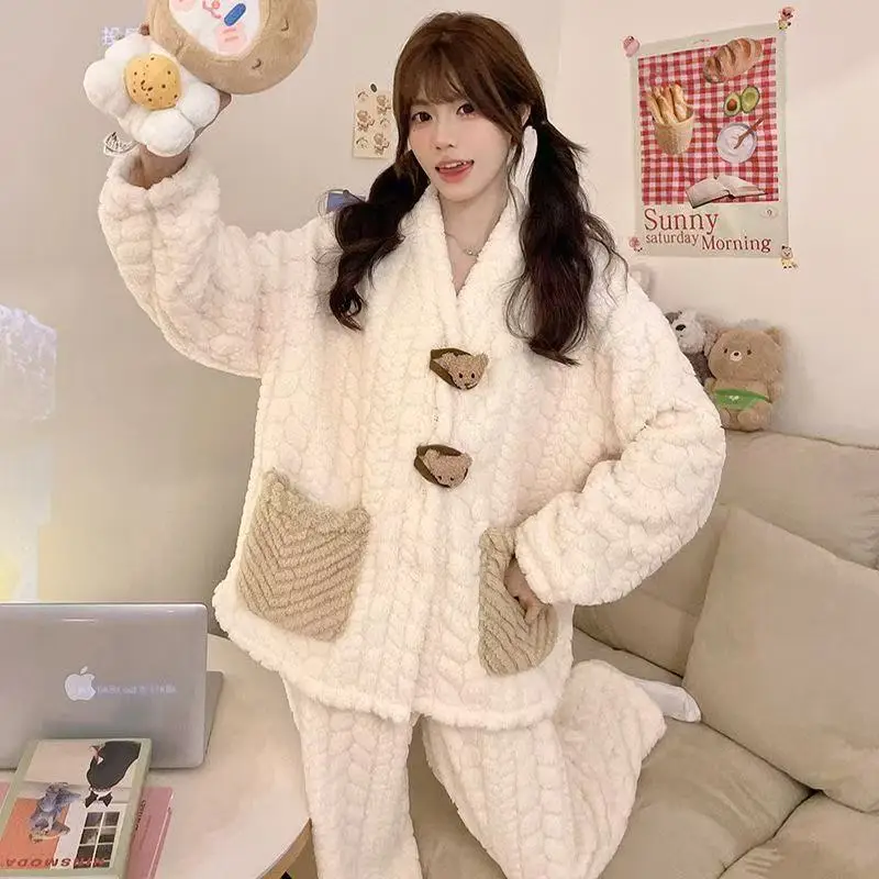 

Pajama Sets Elegant Women Winter European Pattern Long Sleeve Button Crew Neck Full Length Pants Warm Thicker Cozy Sleepwear Ins