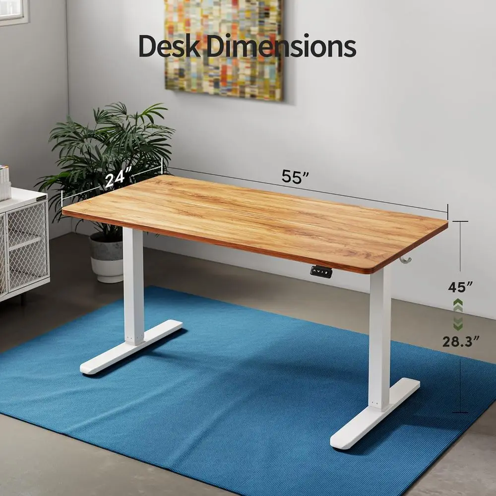 โต๊ะทำงานไฟฟ้าปรับระดับความสูงได้ ขนาด 55x24 นิ้ว แผ่นไม้ประกบ โครงสีขาว ท็อปโต๊ะสีน้ำตาลเรียบง่ายสำหรับโฮมออฟฟิศ