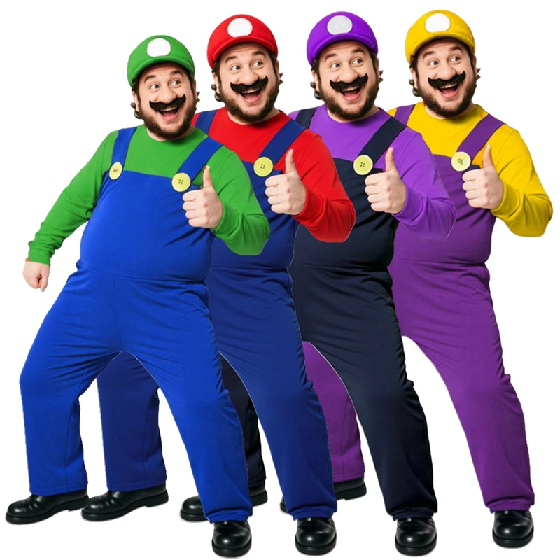 Costume de plombier adulte avec fausse barbe, blagueur de festival pour Halloween, cosplay, fête, jeu de rôle, rouge, jaune, violet, vert