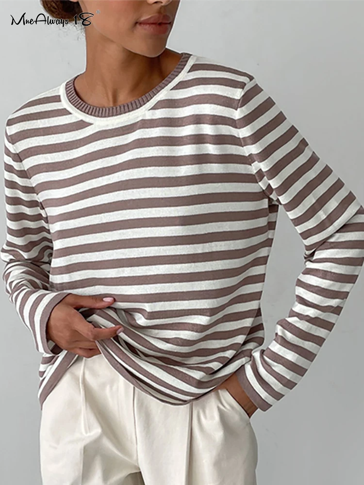 Mnealways18 Classic Women Stripe Tee Shirt Casual Print Oversized Knitted Top O-Neck Long Sleeve Tops And Blouse Fashion T-shirt