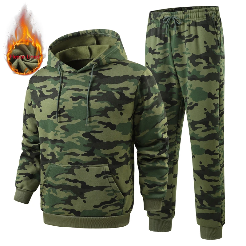 

Velvet thickened camouflage hoodie set, pullover hoodie set, two-piece set, men's hooded fleece jacket, men's winter hooded zipp