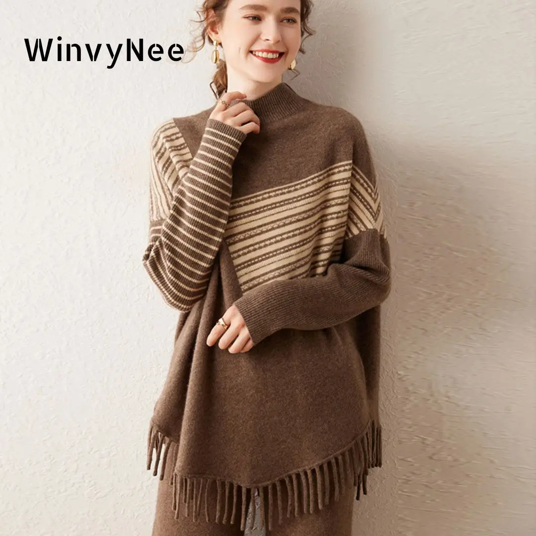 WinvyNee Womans Clothing Cashmere Wool Sweater Casual O Neck Wrap Tops Striped Casual Pullovers Jumpers Oversized Shawl A1464008