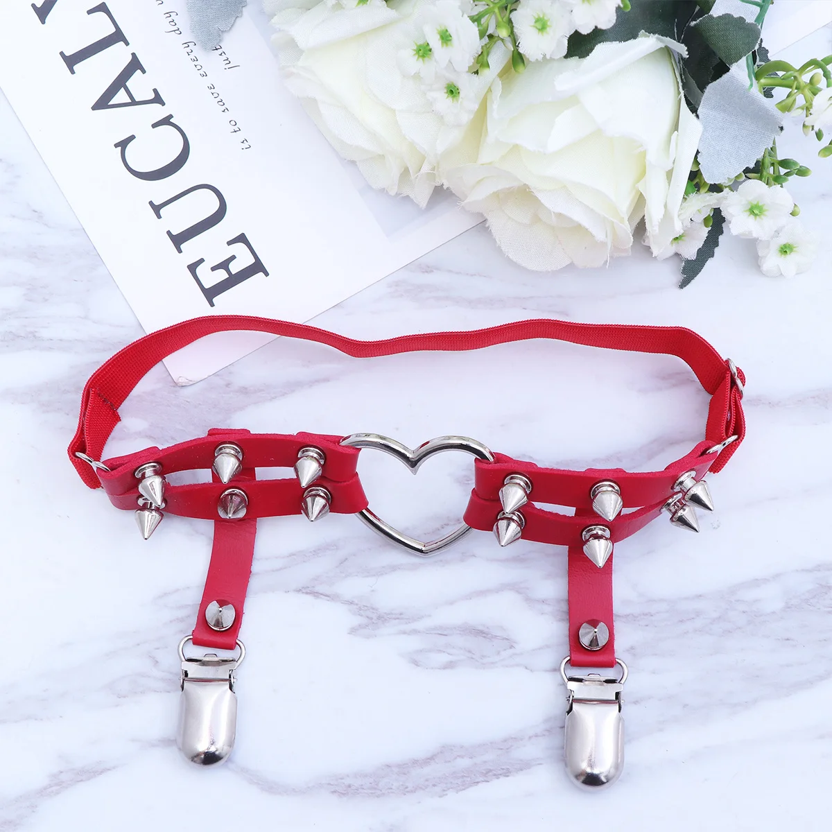 

Heart-Shaped Garter Belt Adjustable Pu Punk Gothic Double Row O-Ring Buckle Size For Cosplay Stage Leg