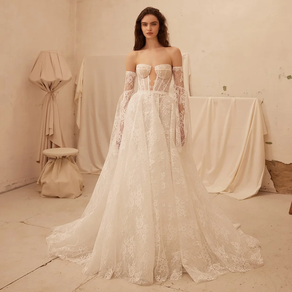 

Шикарные церковные свадебные платья Кружевные платья трапециевидной формы для свадебной вечеринки Цвета слоновой кости Милая Тюль с рюшами на шнуровке Свадебное платье для гостей