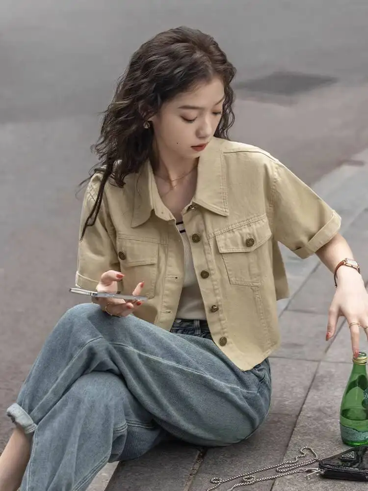 

2026 New Summer Women's Retro Style Short Sleeve Shirt Lapel Cropped Cargo Blouse Coat Loose Fit For Petite Girls Daily Wear
