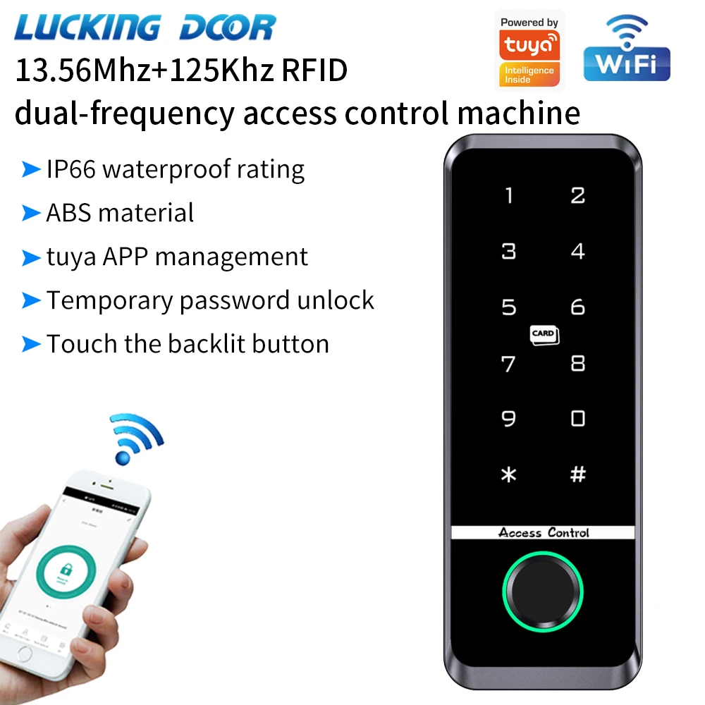 125Khz+ 13.56Mhz 12V Tuya Wifi Electric Fingerprint Lock Opener Access Control Keyboard Waterproof Fingerprint ID IC Card Keypad