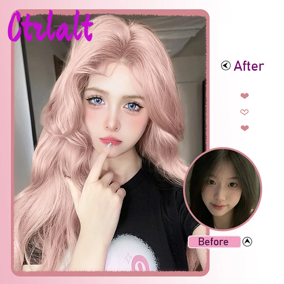 Wig Cosplay merah muda gelombang panjang sintetis wig tahan panas bagian tengah wig Lolita alami untuk wanita