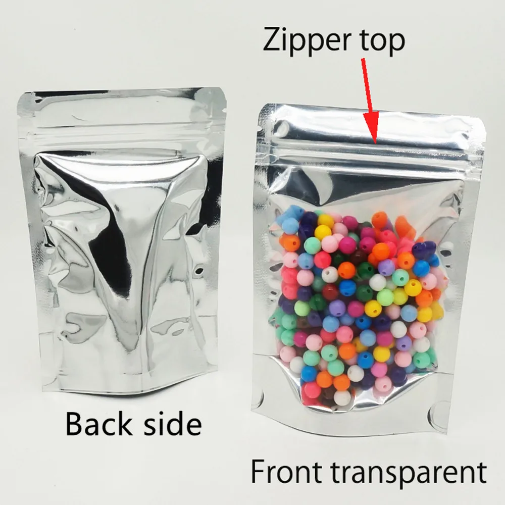 9*14cm 100pcs Stand Translucent Aluminium Zipper Bags, Front Clear Metallic Mylar Ziplock Bag,Reclosable Plastic Pouch Food Sack