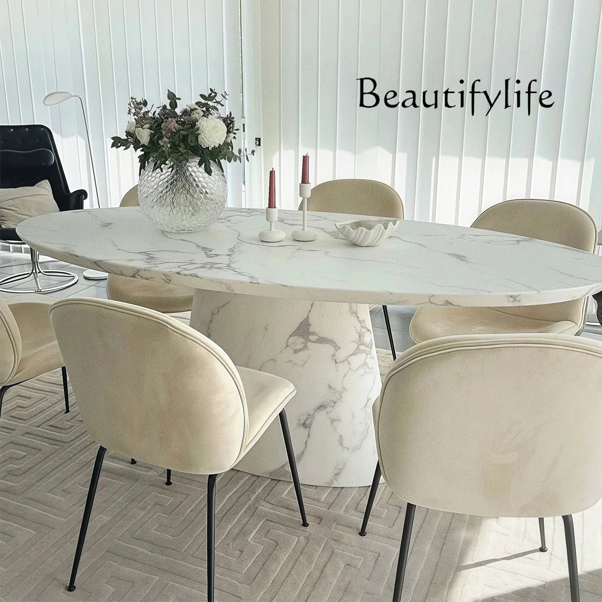 

French large white marble Nordic light luxury small apartment retro medieval designer oval dining table