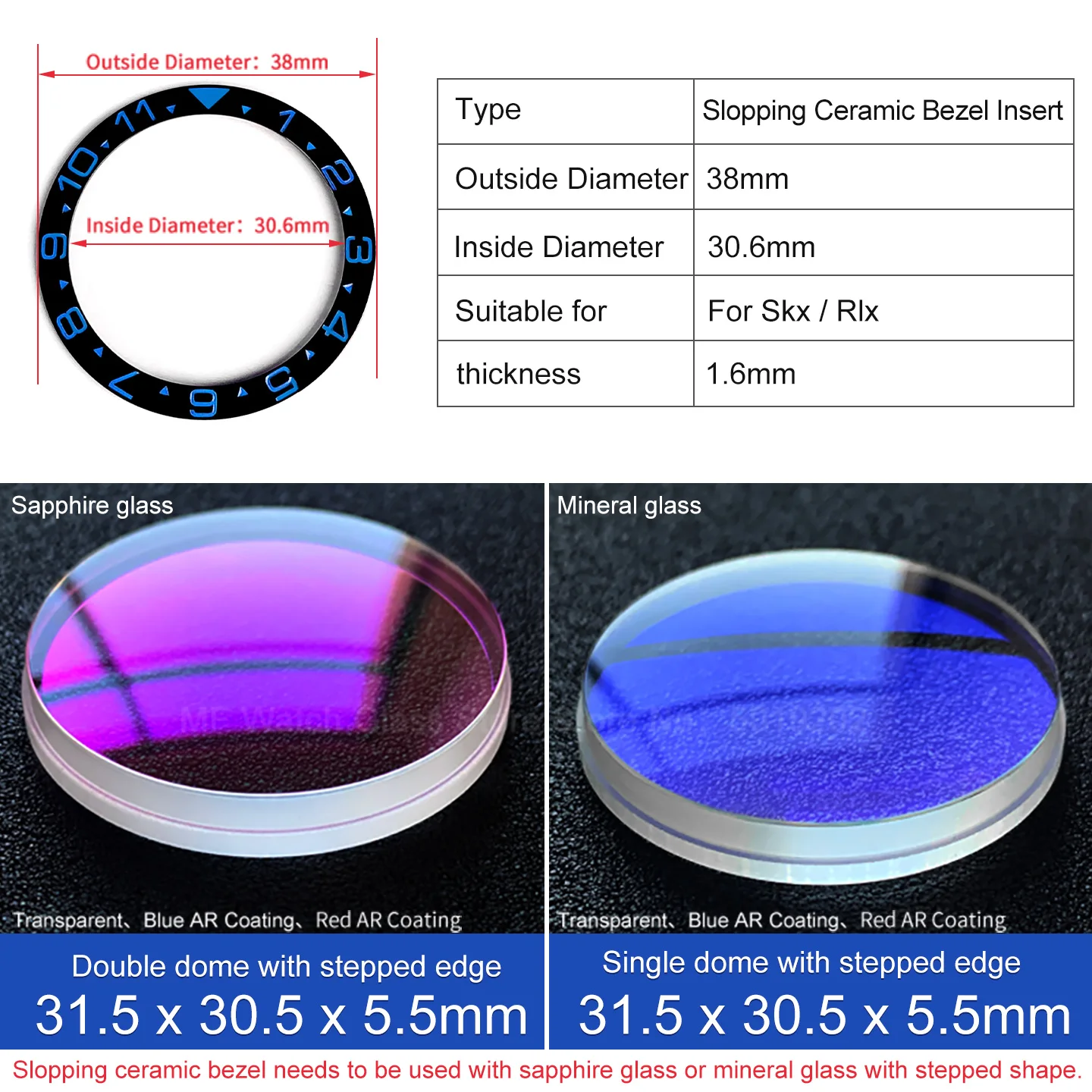 Schräge Keramik-Lünetteneinlage 38x30,6mm MOD SKX007 SKX Divers Passend für 31,5x30,5mm Kristallglas Schwarzes Uhrenzubehör – Detail 2