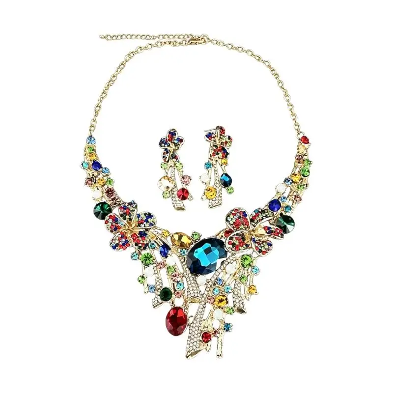 

A52E Beautiful Crystal Flower Necklace and Matching Earrings Set for Evening Wear