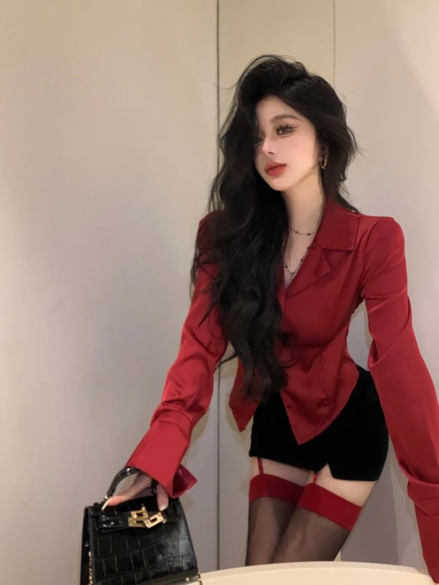 

Red Sash Long Sleeve Satin Shirt Women's Slim Fit Suit Collar Shirt Elegant High-End Feel Top Spring Autumn Commute Style
