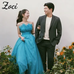 Zoci Scalloped Ruffles Korea Wedding Dresses Fairy Blue A Line Evening Party Dress Photos Shoot Customized Corset Bride Gown