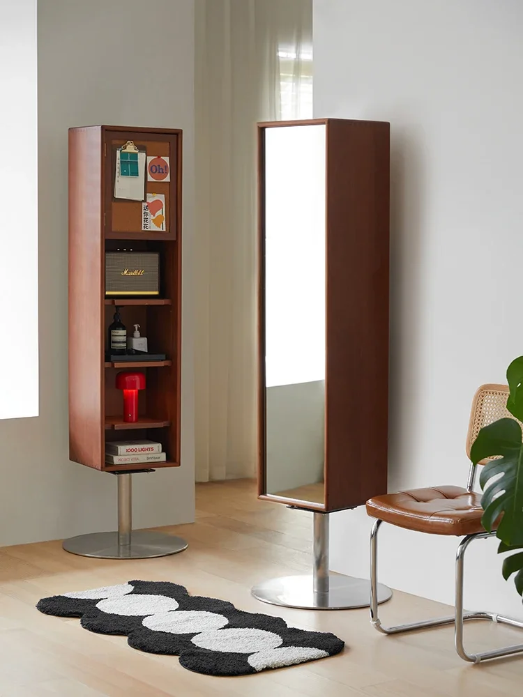 Rotating mirror household floor solid wood full body mirror retro full-length  storage magazine cabinet bookshelf