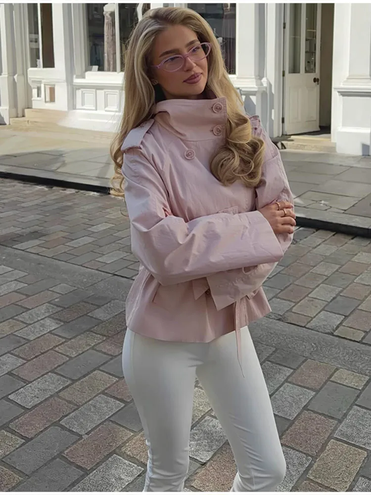 Schicker Minimalistischer Kurzer Trenchcoat Rosa Retro Klassisch Vielseitig Trendy Damen Oberbekleidung Frühling Herbst Lässiges Street-Outfit – Detail 3