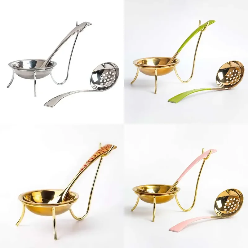 Thickened 304 Stainless Steel Spoon Colander Creative Gold Hot Pot Spoon Strainer with Bracket Set Kitchen Dining Accessories